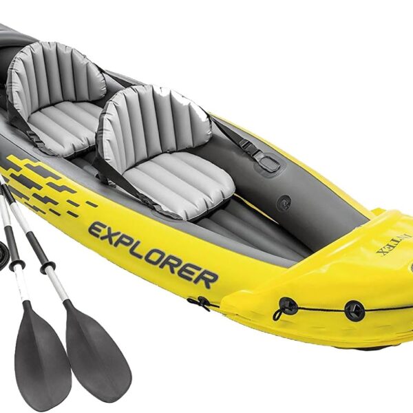 Intex 68307EP Explorer K2 Inflatable Kayak Set: Includes Deluxe 86in Aluminum Oars and High-Output Pump – SuperStrong PVC – Adjustable Seats with Backrest – 2-Person – 400lb Weight Capacity