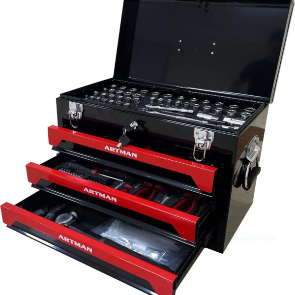 Tool Set and Mechanic Tool Set Box with Handle and 3-Drawer Heavy Duty Metal Box – 339 Piece Tool Kits for Adults Mechanics Workshop Maintenance and Repair Projects – Red