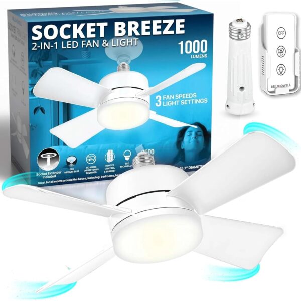 Bell+Howell Socket Breeze Modern Ceiling Fans with LED Lights. 10 LED E26/E27 Screw Base Mini Light Socket Fan with Cord for Bedroom. Living Room. Kitchen. Balcony