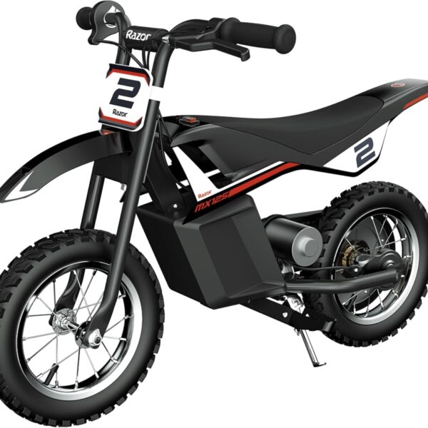 Razor MX125 Dirt Rocket electric-powered dirt bike with authentic motocross dirt bike geometry, rear-wheel drive, 100-watt, high-torque, chain-driven motor, for kids 7+