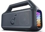 soundcore Boom 2 By Anker. Outdoor Speaker. 80W. Subwoofer. BassUp 2.0. 24H Playtime. IPX7 Waterproof. Floatable. RGB Lights. USB-C. Custom EQ. Bluetooth 5.3. Portable for Camping. Beach. and Backyard