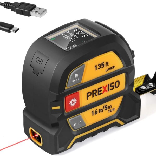 PREXISO 2-in-1 Laser Tape Measure. 135Ft Rechargeable Measurement Tool & 16Ft Measuring Movable Magnetic Hook – Pythagorean. Area. Volume. Ft/Ft+in/in/M Unit NOT Digital
