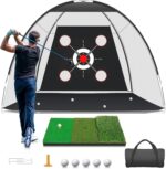 Golf Net with Practice Mat.Golf Hitting Aid Nets 10x7FT for Backyard Driving Chipping Training Swing with Target Mat Balls for Outdoor Indoor .Gifts for Men Dad Him and Golfer