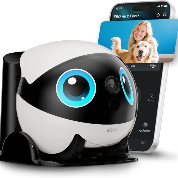 Indoor Security Camera Robot EBO Air 2 PLUS: 2K Pet Camera. Movable Home Robot. Custom Facial Expression. Auto-Recharge. Battery-Operated. 2-Way Talk. Night Vision. 32GB Memory Card