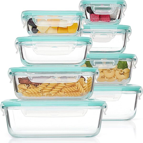 Vtopmart 8 Pack Glass Meal Prep Containers with Leak Proof Locking Lids. Airtight Food Storage Containers for Microwave. Oven. Freezer and Dishwasher. BPA Free. Green