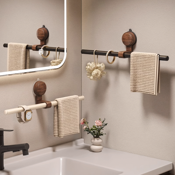 Suction Cup Walnut Towel Rack Antique Style No-Punch Wall Hanging Bathroom Towel Round Ring Bathroom Bath Towel Hanging Shelf (PACK OF 5)