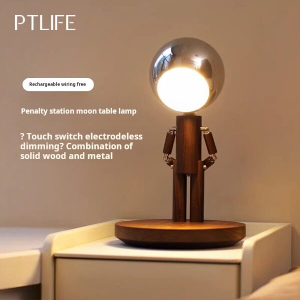 Penalty Spaceman Table Lamp Bedroom Bedside Living Room Ambiance Table With Solid Wood Desktop Arrangement Rechargeable Three Colors Infinitely Dimmable Brightness
